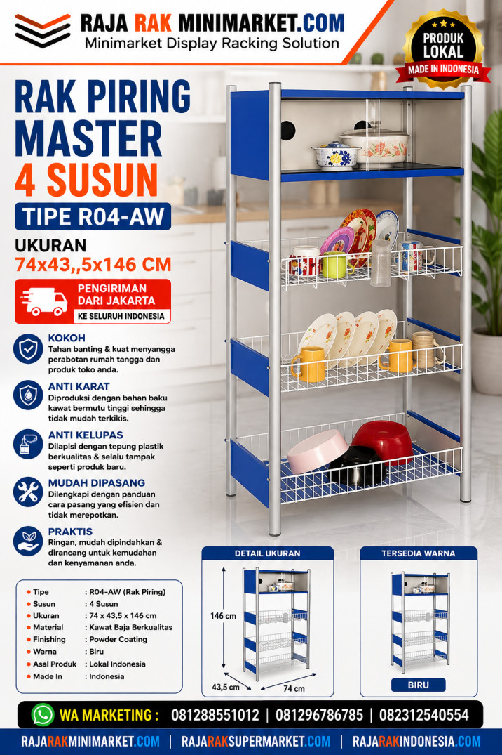 RAK PIRING MASTER 4 SUSUN TIPE R04-AW UKURAN 74×43,5×146 CM | RAJA RAK TOKO