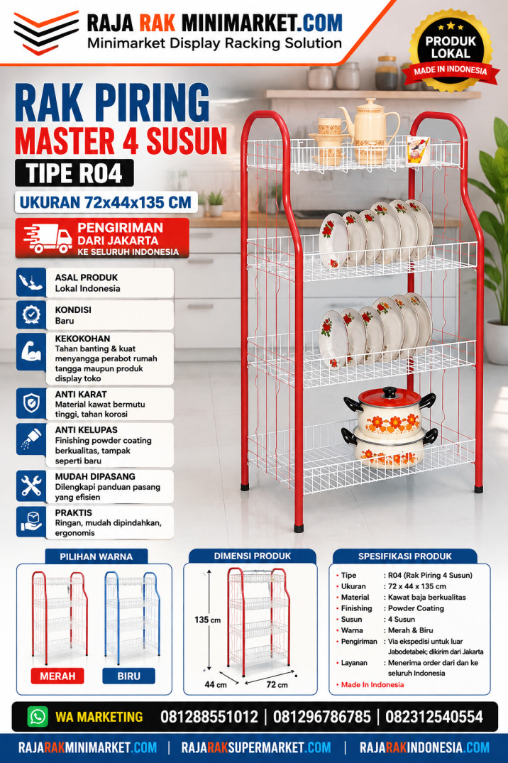 RAK PIRING MASTER 4 SUSUN TIPE R04 UKURAN 72x44x135 CM | RAJA RAK TOKO