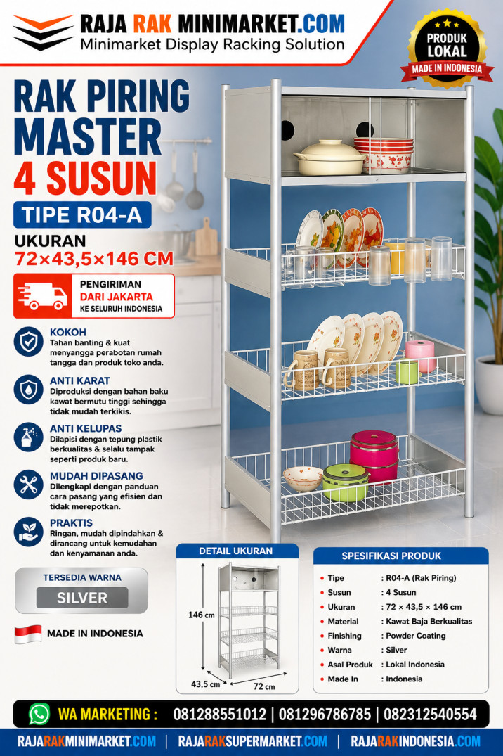 RAK PIRING MASTER 4 SUSUN TIPE R04-A UKURAN 72×43,5×146 CM | RAJA RAK TOKO