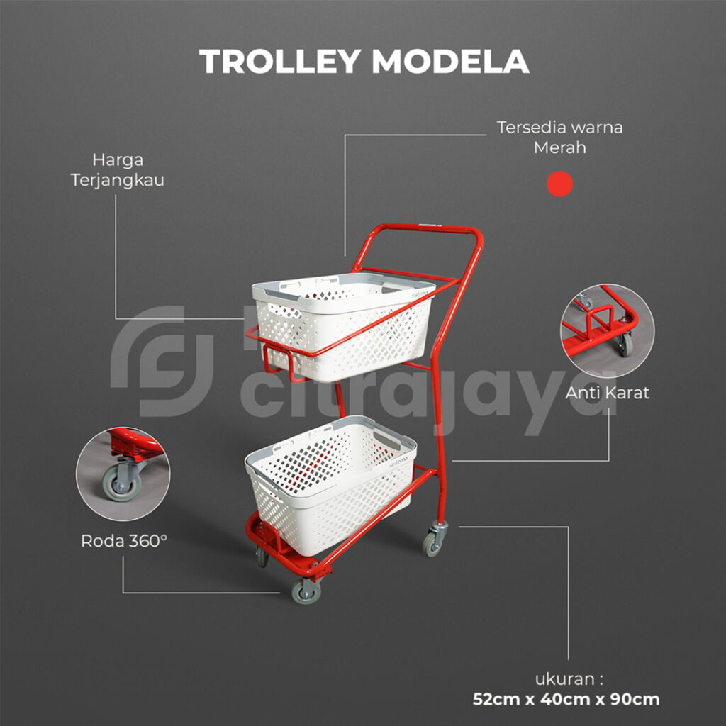 TROLLEY BELANJA BARANG TOKO RETAIL SUPERMARKET TIPE MODELA, WARNA MERAH & PUTIH, UKURAN 52x40x90 CM